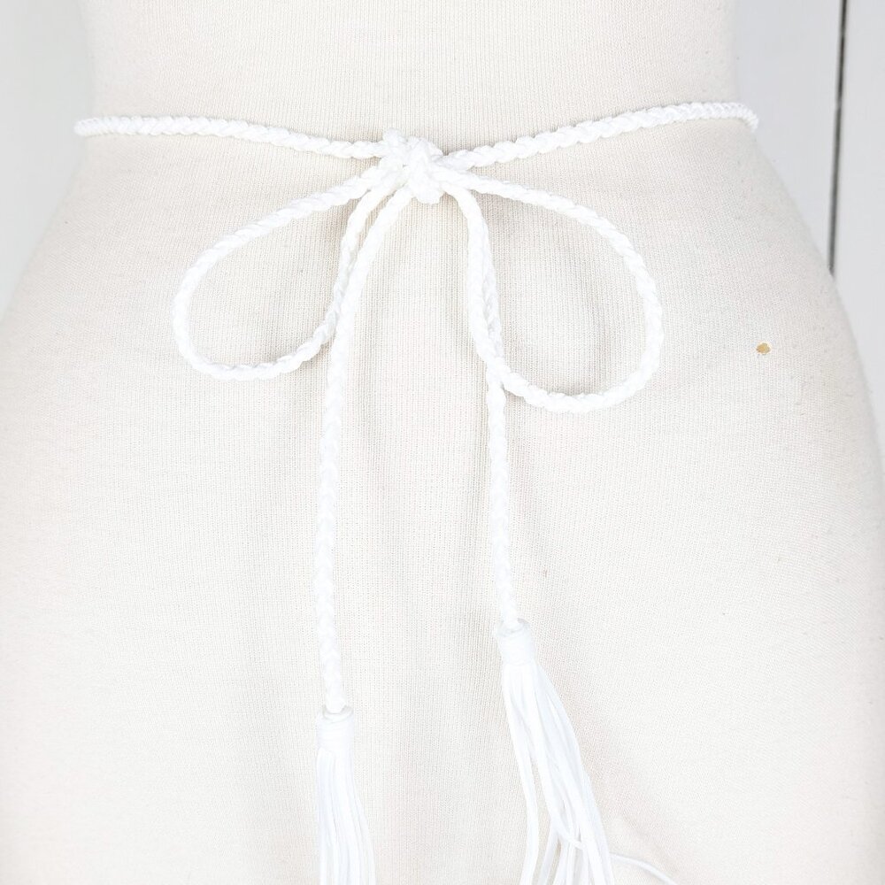 White braided faux suede rope chord fringe tassel tie belt - Picture 1 of 4